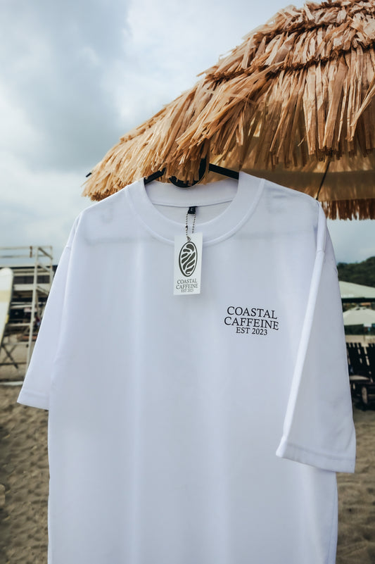 "COFFEE BY THE BEACH" TEE IN WHITE